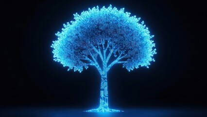 Glowing blue digital tree with circuit patterns on dark futuristic background, conceptual technology.