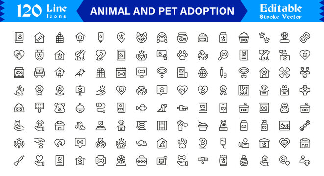 Animal And Pet Adoption Essentials &ndash; Professional Line Icon Set Featuring Minimal, Editable, Vector Illustrations for Modern Design and Marketing Needs
