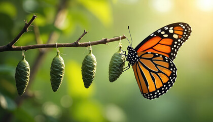 Orange butterfly emerges from green chrysalis on branch. Multiple pupae hang nearby. Nature shows growth transformation life cycle. New beginnings rebirth beauty unfolds.