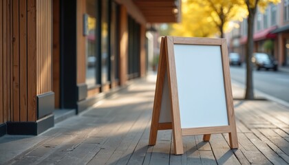 Blank wooden A-frame sign on a sidewalk outside a shop. Empty easel board offers space for custom text. Business advertisement board rests near a street in town.