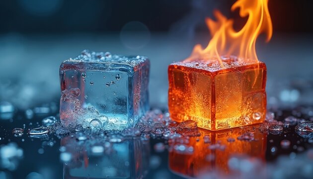 One ice cube melts with water drops nearby. Another ice cube burns with orange flames. Contrast of hot and cold elements shown on dark background. Elements fuse together.