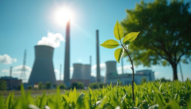Green plant grows near industrial power plant cooling towers and chimneys. Bright sun shines on clear blue sky. Nature contrasts with factory landscape.