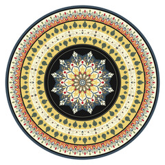 Circular mandala pattern rug, living room rug, tile pattern.
