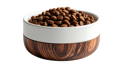 Bowl filled with brown kibble, bottom dark wood grain, white top