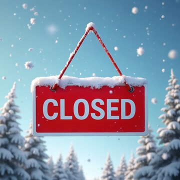 Red sign with the word CLOSED hangs on snowy trees. Snowflakes fall against a clear blue sky. Winter weather impacts business operations and seasonal activity.