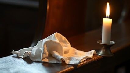 pew. A wrinkled handkerchief on a church pew beside a nearly extinguished candle. symbolizing life milestones and joyful moments.