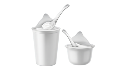 Creamy Delight: A close-up shot captures two servings of yogurt, each with a spoon nestled inside, ready to be enjoyed. Showing the simplicity and deliciousness of a light and healthy treat.
