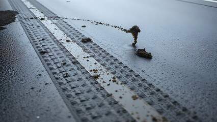 deceleration. Tire marks from a sharp turn on a wet road with splashes of mud. mobility guides, transit brochures, designed for transport & logistics marketing, improves user orientation.