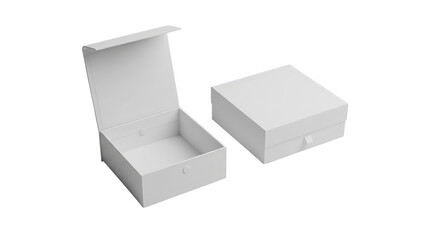 Minimalist Gift Boxes: A study in simplicity showcases two pristine, white gift boxes. One, open to reveal its empty interior, the other closed, suggesting the mystery within.