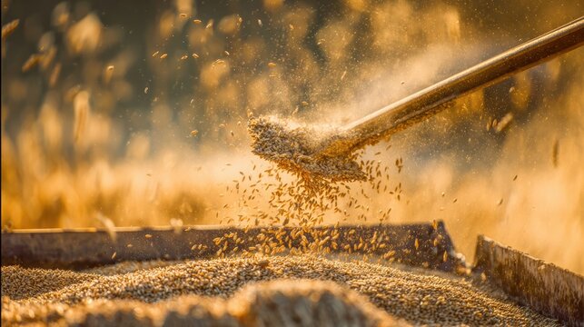 flail. Golden wheat grains flying from sheaves during threshing. safety posters, maintenance manuals, designed for industrial assembly lines and welding operations, supports safety.