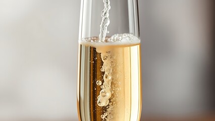 flute. A tall champagne flute with rising bubbles, soft background. bar promotions, beverage menus, designed for product packaging and bar promotions, used by fitness trainers.