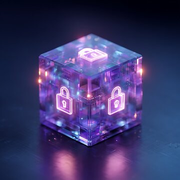 glowing encrypted data cube with lock symbols, encryption concept