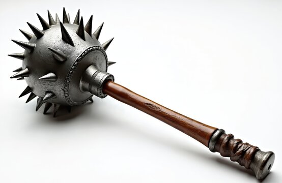 Spiked metal flail weapon with wooden handle. Ancient war tool used in combat. Medieval armor accessory, historical artifact. This dangerous flanged mace symbol of power.