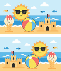 Summer beach cartoon animal icons set