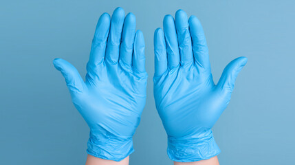 Obraz premium medical gloves hands on blue background, sterile gloved hands healthcare concept, blue latex gloves open hands 