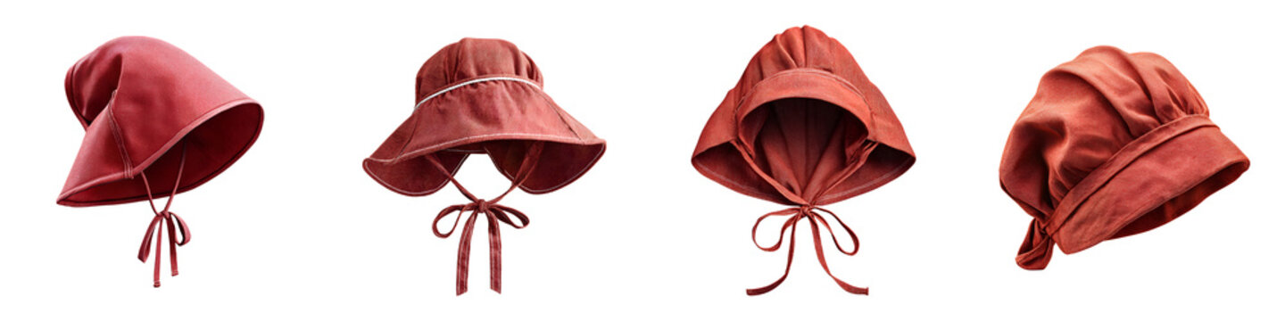 Rustic Red Bonnets: Historical Headwear Isolated on White Background