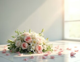 Soft pink and white roses form a beautiful bouquet on a light floor. Petals scatter around, creating a delicate and serene atmosphere, evoking gentle memories.