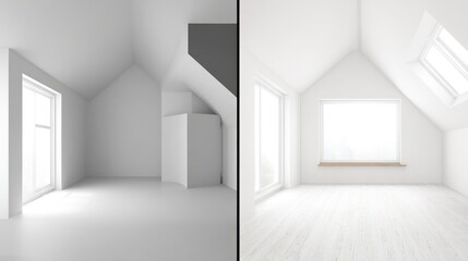 Fototapeta premium beforeafter. Minimalist interior corner with architectural details, showcasing modern transformation. real-estate listings.