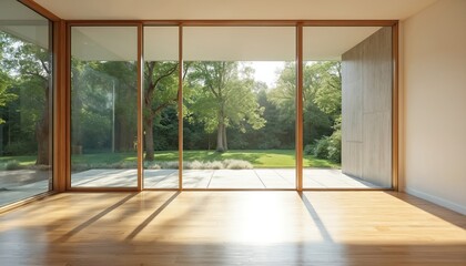 Obraz premium Modern room with big windows offers garden view. Bright space with wooden floor, clean lines, natural light. Open plan living, minimalist decor.