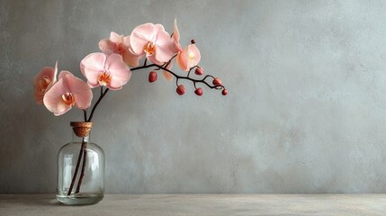 A delicate orchid stem is elegantly displayed in a clear glass vase, positioned on the left side of the image against a vast, soft gray background, embodying a serene and minimalist Asian aesthetic.