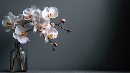 A delicate orchid stem is elegantly displayed in a clear glass vase, positioned on the left side of the image against a vast, soft gray background, embodying a serene and minimalist Asian aesthetic.