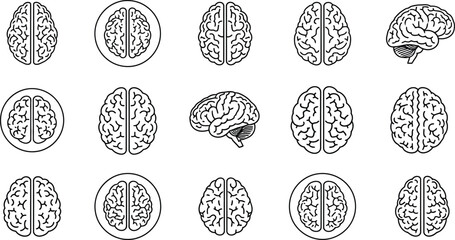 Set of 15 human brain outline vector icons representing intelligence and thought, isolated on white background
