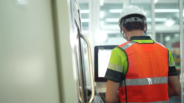 Professional male engineer inspecting industrial machine component. Technician in safety gear checking quality of metal part in front of CNC machinery in modern factory manufacturing plant.