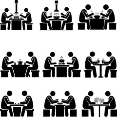 BBQ Hotpot and Dining Experience Icons, People Sitting at Table with Food and Drinks Symbols