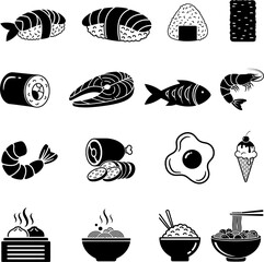 Japanese Food and Asian Cuisine Icon Set, Sushi Noodle and Seafood Vector