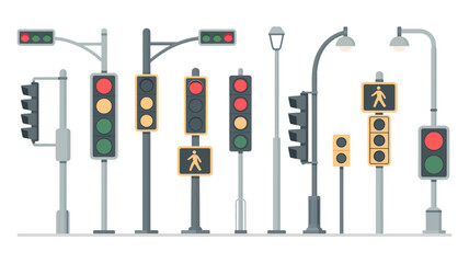 Collection of Various Traffic Lights and Street Lights on Posts