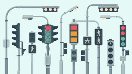 A Variety of Traffic Signals and Pedestrian Crosswalk Lights Illustrated