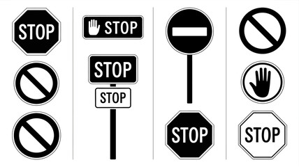 Collection of Various Stop and Do Not Enter Traffic Signs in Black and White
