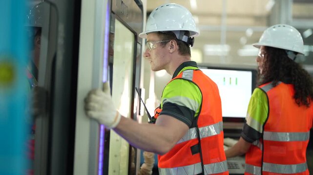 Professional male engineer inspecting industrial machine component. Technician in safety gear checking quality of metal part in front of CNC machinery in modern factory manufacturing plant.