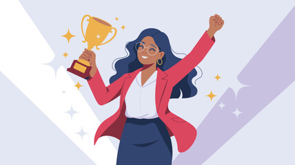 Joyful woman celebrates holding a sparkling golden trophy after achieving a significant personal victory