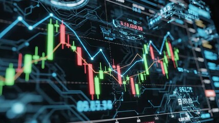 Dynamic digital display showcasing real-time stock market fluctuations and cryptocurrency trading data with glowing candlestick charts and intricate financial graphs representing global economic tren. - Powered by Adobe