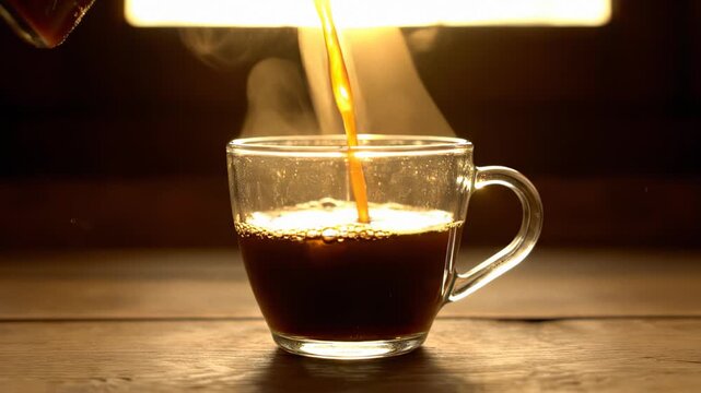 Coffee Being Poured into Clear Glass Mug.