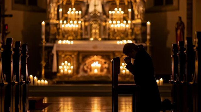 Woman praying in church on her knee with many lit candles. Religious worship and spiritual devotion concept. Christmas or New Year.