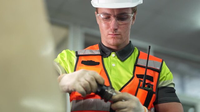 Professional male engineer inspecting industrial machine component. Technician in safety gear checking quality of metal part in front of CNC machinery in modern factory manufacturing plant.