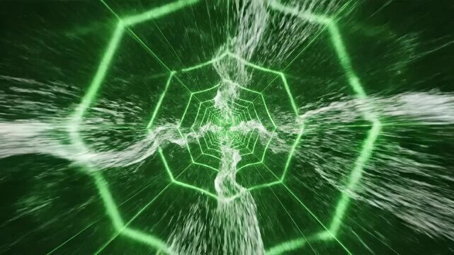 Dynamic movement through a tunnel formed by neon green laser lines and rapid flowing white particles in a repetitive geometric pattern vibrant colors, projection, science fiction