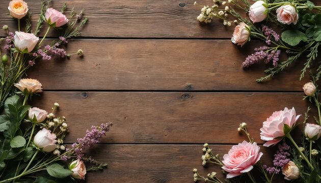 Rustic wooden table surface decorated with pink and cream roses and purple wildflowers. Top down view of garden flowers on weathered planks. Ideal for springtime themes or romantic settings.
