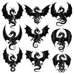 Obraz premium Collection of Dragon Silhouettes with Wings Spread in Various Poses.