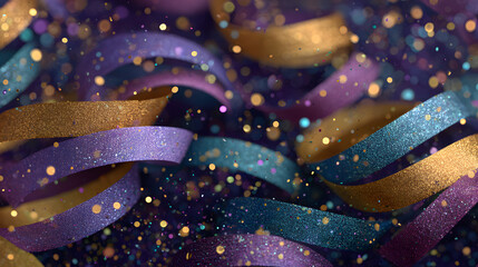 Abstract festive background with glitter, confetti, ribbons and free place for text. New Year, Christmas, birthday, holiday celebration banner