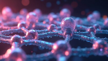 Abstract molecular grid with glowing spheres connected by thin rods. Science and tech background with blue and pink neon light reflections. Clean futuristic nanotechnology art.