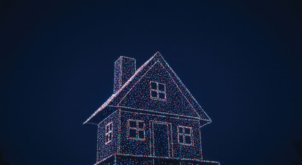 A pixelated house glows against a dark blue background