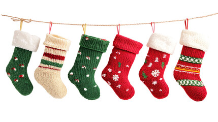 A collection of colorful Christmas stockings hanging on a string.