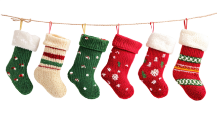 A collection of colorful Christmas stockings hanging on a string.