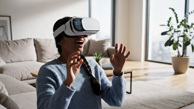 Young woman immersed in a futuristic virtual reality experience, wearing a sleek VR headset and interacting with digital elements in her modern, sunlit living room, exploring new dimensions of entert.