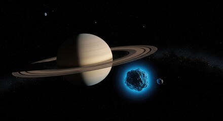 Ringed planet orbits, glowing asteroid, moons, and starfield