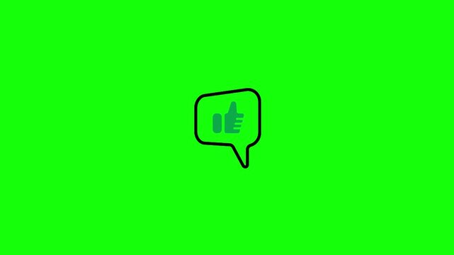 HD animated motion graphic of a comment bubble interaction where a thumbs up enters, symbolizing positive product review in green screen background