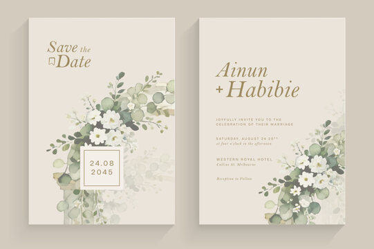 Elegant Watercolor Botanical Wedding Invitation Template with Greenery and Floral Design